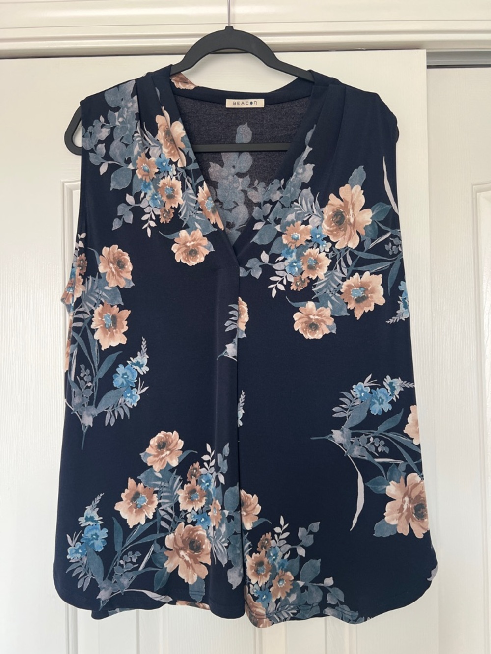 Beacon Navy Floral Sleeveless V-Neck Camisole with Peach and Blue Blooms